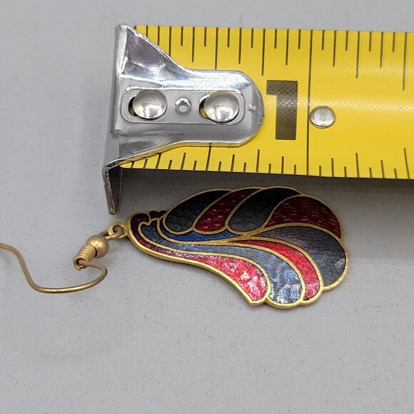 Vintage Cloisonné Enamel Dangle Earrings Red Blue Feather Design - Picture 4 of 4
